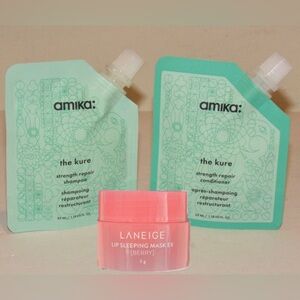 Amika The Kure Strength Repair Set & Laneige Berry Lip Mask Bundle- Trial Sizes